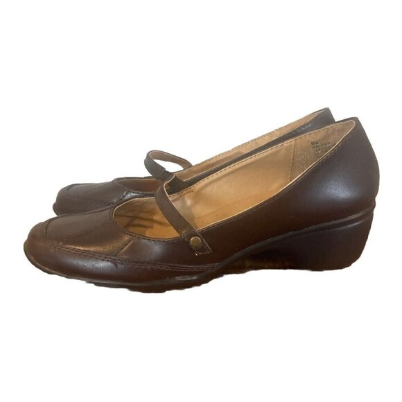Strictly Comfort Brown Slip-on Leather Wedge Heel Leather Sandal Sz 9 - Picture 1 of 10